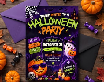 May include: A rectangular Halloween party invitation card featuring a purple and black night sky background with a spider web, a ghost wearing a witch hat, a jack-o'-lantern with sunglasses, and text reading You're Invited to a Halloween Party.