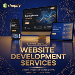 Puede incluir: Un monitor de computadora, una tableta y un teléfono inteligente que muestran interfaces de desarrollo web en tonos azul oscuro y dorado. El texto dice Shopify, Driving Future Growth, Seamless Design Experience y Professional Website Development Services.