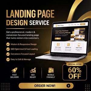 Könnte beinhalten: Ein Laptop zeigt ein Webseitendesign auf schwarzem und goldenem Hintergrund mit dem Text LANDING PAGE DESIGN SERVICE, 60% OFF und ORDER NOW. Zu den Merkmalen gehören Modern & Responsive Design, SEO Optimized & Fast Loading und Mobile Friendly.