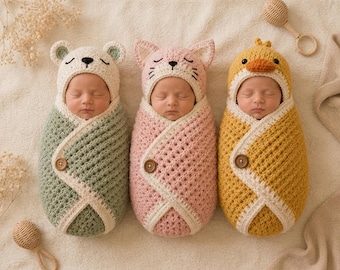 Crochet Cocoon Pattern PDF, Woodland Animal Baby Swaddle, Bear Cat Duck Baby Cocoon, Newborn Photo Prop, Instant Download Baby Shower Gift