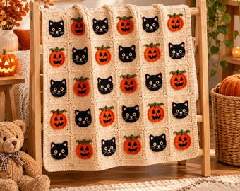May include: A cream-colored crochet blanket featuring a grid of alternating square patches. Each patch displays either a black cat face with yellow eyes or an orange jack-o'-lantern with a green stem, arranged in a repeating pattern.
