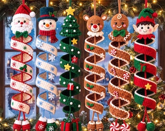 May include: Six hanging crochet Christmas ornaments featuring a Santa Claus, snowman, Christmas tree, reindeer, gingerbread person, and elf. Each figure is attached to a long, spiraling, colorful crochet ribbon decorated with festive motifs.