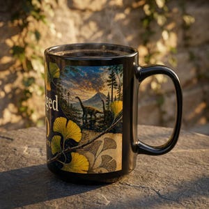 Black Ceramic Coffee Mug Prehistoric Ginkgo Tree Fossil Illustration | Unique Botanical Drinkware Gift