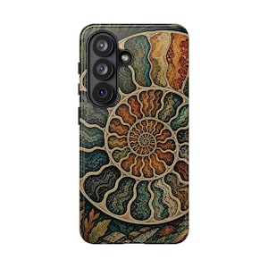 May include: A rectangular smartphone case featuring a detailed, spiralling ammonite fossil graphic. The design displays intricate, textured chambers in shades of burnt orange, deep teal, and earthy brown, with a triple-lens camera cutout on the left.
