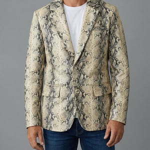 Snakeskin Print Leather Blazer Men's Python Jacket Two Button Coat Statement Party Wear Exotic Print Tailored Coat Rock and Roll Fashion