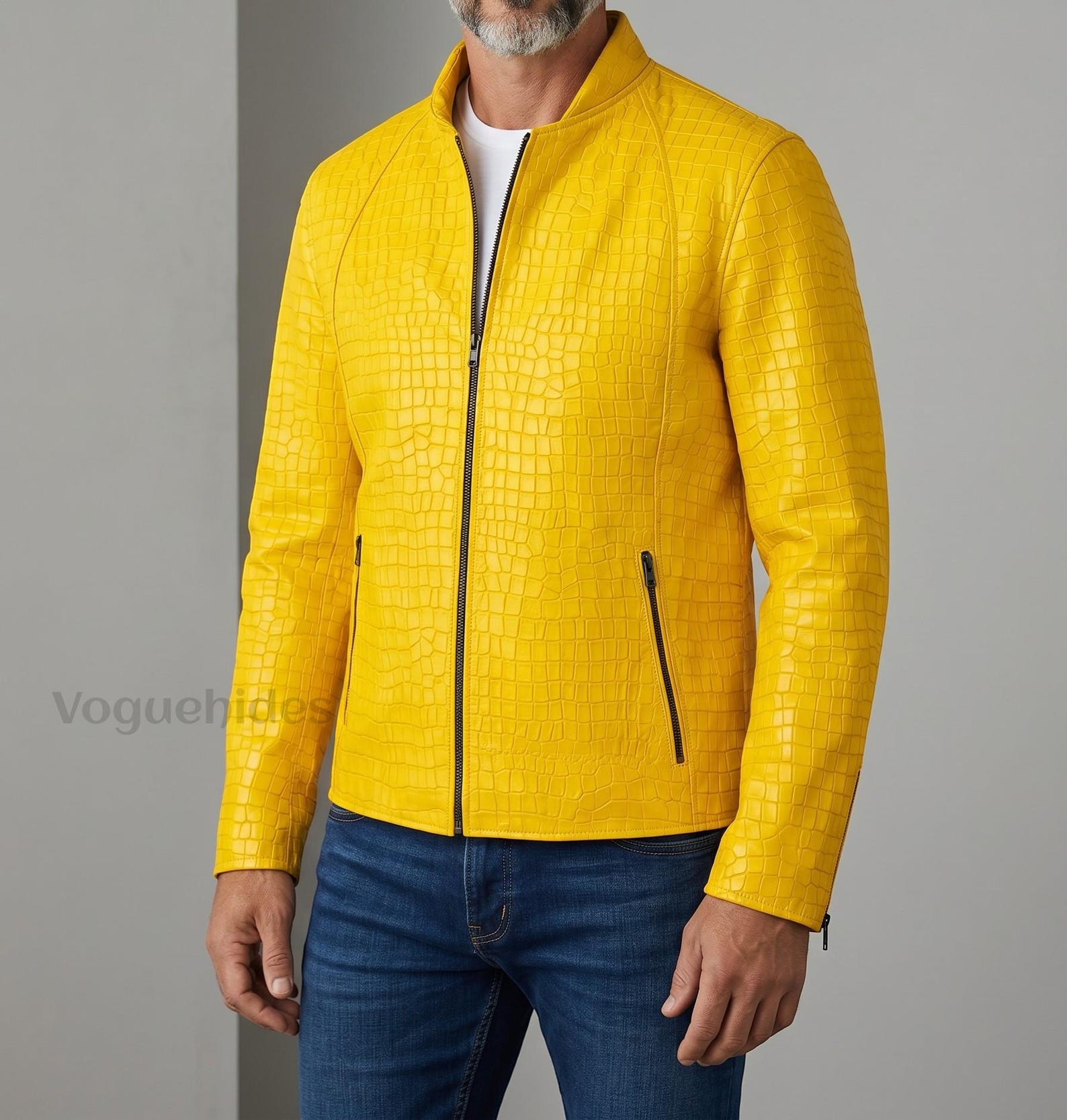 Yellow Crocodile Embossed Leather Jacket, Men's Cafe Racer Moto Biker Jacket, Slim Fit Genuine Leather Coat, Exotic Print, Gift for Him