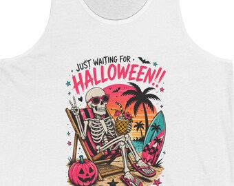 Halloween Beach Tank Top — "Just Waiting for Halloween" Skeleton Surfing Tank