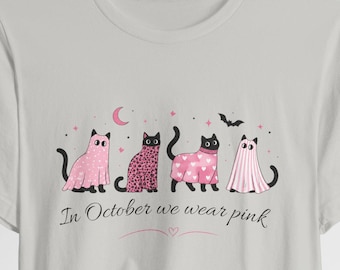 Ghost Cats Breast Cancer Awareness T-Shirt | In October We Wear Pink