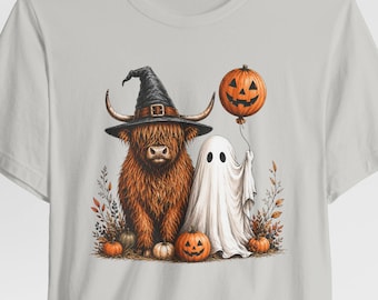 Highland Cow and Ghost Halloween Tee | Pumpkin Witch Hat T-Shirt | Halloween T-Shirt