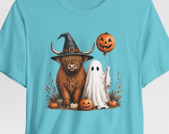 Highland Cow in Witch Hat Ghost Costume tee | Halloween Cow T-Shirt