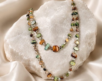 Beaded Gemstone Necklace – Tiger's Eye & Mother of Pearl Multi-Stone Necklace – Boho Long Layered Necklace, Earthy Tones