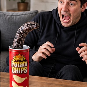 Könnte beinhalten: Ein roter zylindrischer Behälter mit der Aufschrift "Geece's Potato Chips", aus dem eine dunkle, gemusterte Schlange herausragt. Der Behälter zeigt gelben Text und Abbildungen von Kartoffelchips auf dem unteren Teil der roten Außenfläche.