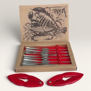 Vintage Scandia Present Seafood Set | Mid Century Swedish Lobster and Crab Forks with Red Crackers | Retro Scandinavian Dining Decor, 8 pcs