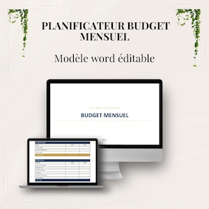 Peut inclure: Un modèle de planificateur de budget mensuel numérique affiché sur un écran d'ordinateur et un ordinateur portable. Le texte indique PLANIFICATEUR BUDGET MENSUEL et Modèle word éditable. Les écrans présentent un tableau de suivi des dépenses.