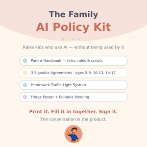 家族向けAIポリシーキット｜子供とティーンエイジャー向けの印刷可能なAIルール同意書、保護者向けガイド、宿題契約書、スクリーンタイム｜ChatGPT安全対策（5～17歳対象）