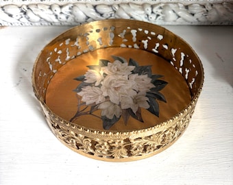 Upcycled Vintage Brass and Wood Trinket Tray with White Magnolia Floral Transfer