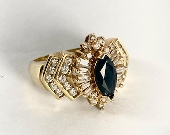 14K Gold Diamond Marquis-Cut Blue Sapphire Ring | Cocktail Ring