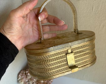 Vintage Lucite Box Purse | Mid-century Gold-tone Mesh 1950s Handbag