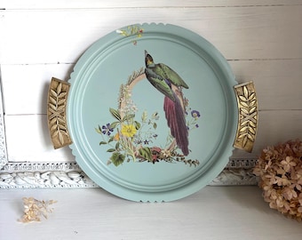 Upcycled Metal Tray with Bird and Floral Rub-on Transfer Design