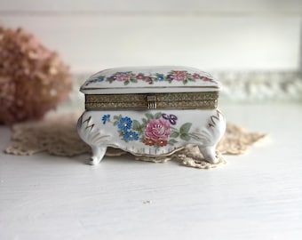 Vintage Porcelain Footed Trinket Box | Hand-painted  Floral Jewelry Box Pink Roses Blue Forget-me-nots
