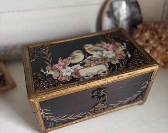 Decorative Jewelry Box | Gold and Black Keepsake Box with Victorian Bird Design