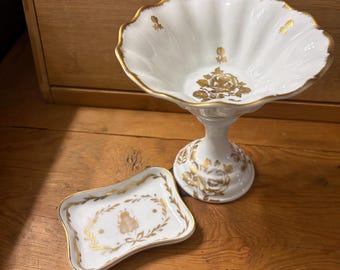 Vintage Limoges Porcelain Pedestal Bowl & Bee Ring Dish Set