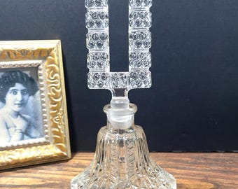 Vintage lrice Diamond-cut Clear Glass Perfume Bottle | Art Deco Imported Crystal Perfume Jar