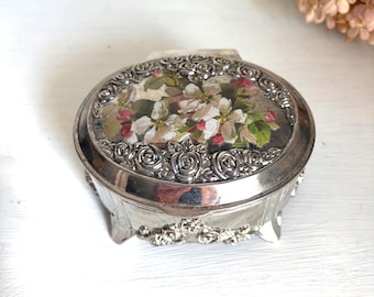 Vintage Silver-plated Embossed Floral Musical Trinket Box