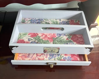 Uocycled Wooden Desk Organizer | Periwinkle Blue Craft Box | French-themed Floral Lined Storage Caddy