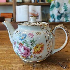 Vintage Sadler Chintz Tekanna, Blommig Guldförgylld Rose Tekanna, teservis