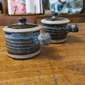 Set of 2 Studio Pottery Handled Pots with Lids, Salt Glaze Stoneware