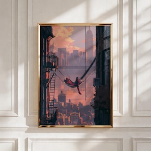Könnte beinhalten: Ein gerahmter vertikaler Wandkunstdruck, der eine rot-blau gekleidete Figur zeigt, die in einer Hängematte zwischen zwei Gebäuden ruht. Der Hintergrund zeigt eine Skyline bei Sonnenuntergang mit einer Brücke und Wolkenkratzern in warmen Tönen.