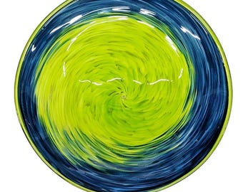 Signed Studio Art Glass Swirl Bowl Electric Lime Green Cobalt Blue Centerpiece