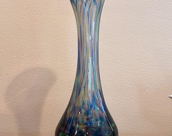 Vintage Hand Blown Fluted Ruffled Cased Art Glass Blue Multicolor Pedestal Vase