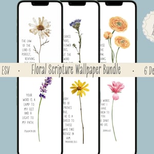 Paquete de fondos de pantalla florales con versículos bíblicos para teléfono / 6 pantallas de bloqueo con versículos bíblicos cristianos / KJV + ESV / Fondos de pantalla para iPhone y Android