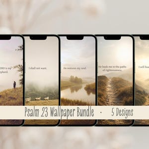 Può includere: Cinque smartphone che mostrano un pacchetto di sfondi del Salmo 23. Ogni schermo presenta una fotografia di paesaggio con testo: The LORD is my shepherd, I shall not want, He restores my soul, He leads me in the paths of righteousness e I will fear no evil.