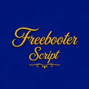 May include: The text Freebooter Script is displayed in a gold, textured, cursive font against a solid deep blue background. Below the text is a decorative gold flourish element that features symmetrical curves and a central diamond shape.