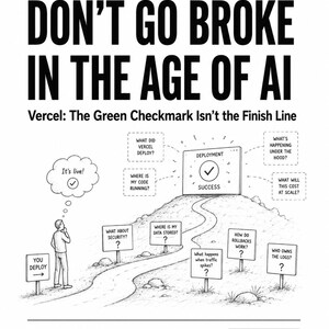 May include: A black and white infographic titled Don't Go Broke in the Age of AI. It features a person looking at a path leading to a deployment success sign with a checkmark. Various signs with question marks pose technical questions about Vercel.