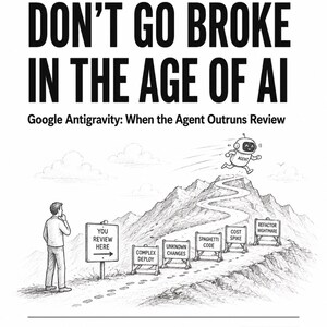 Könnte beinhalten: Eine schwarz-weiße Illustration mit dem Titel Early User Notes for Solo AI App Builders, DON'T GO BROKE IN THE AGE OF AI, Google Antigravity: When the Agent Outruns Review. Sie zeigt eine Person, die auf einen Pfad mit Schildern wie Complex Deploy, Unknown Changes, Spaghetti Code, Cost Spike und Refactor Nightmare blickt, während ein als Agent beschrifteter Roboter den Berg hinaufläuft.