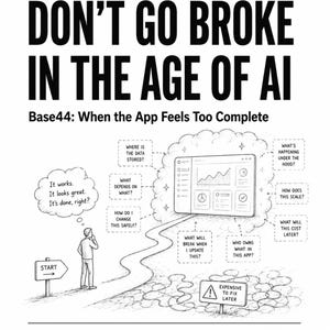 May include: A black and white infographic titled Don't Go Broke in the Age of AI. It features a person looking at a path leading to a cloud-based dashboard with various questions about app development, data storage, and scaling, plus a warning sign.