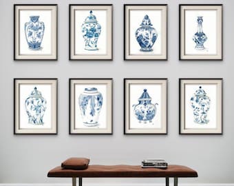 May include: Eight framed prints of blue and white porcelain vases are displayed on a wall. The prints are in black frames. The words "Instant Download" are at the top, and "high resolution files multiple sizes" are at the bottom.