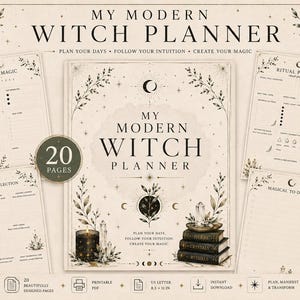 May include: A My Modern Witch Planner set featuring a cover page and four internal pages titled Daily Magic, Ritual Planner, Monthly Reflection, and Magical To Do List. The design includes celestial motifs, crystals, and books in beige and black.