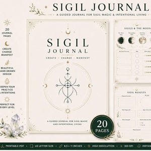 Könnte beinhalten: Ein Sigillen-Journal mit cremefarbenem Einband, schwarzer Strichzeichnung, himmlischen Symbolen und dem Text Sigil Journal Create Charge Manifest. Enthält vier Innenseiten-Layouts mit den Titeln Sigils & The Moon, Sigil Activation, Sigil Results und Signs & Synchronicities, alle mit passenden dekorativen Rändern und Kristallillustrationen.