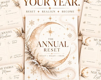 May include: A collection of printable planner pages titled The Annual Reset, featuring a central cover page with a crescent moon and star design. Includes sections for My Biggest Goals, My Soulful Routine, My Energy Menu, My Life Areas, My Money Reset, and The Not-Now List, all formatted for US Letter 8.5 x 11 inch paper.