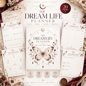 Peut inclure: Le set Dream Life Planner comprend une page de couverture centrale et quatre feuilles internes avec une illustration de papillon, des motifs célestes et du texte comme My Dream Life Looks Like, My Goal Map, Action Plan et Becoming Her, format US Letter.