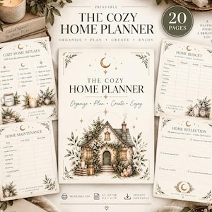 Puede incluir: Un conjunto de 20 páginas imprimibles de planificación del hogar que incluye una portada titulada The Cozy Home Planner con una ilustración de una casa de campo, además de páginas para rituales, presupuesto, mantenimiento y reflexión.