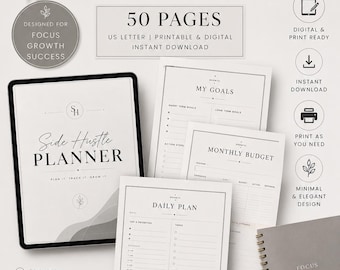 May include: A Side Hustle Planner with 50 pages in US Letter size, 8.5 x 11 inches. The set includes a digital tablet display, printed sheets for daily plans, goals, and monthly budgets, and a spiral-bound notebook, all featuring a neutral color palette.