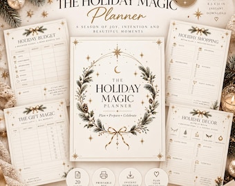 May include: A printable 20-page holiday planner set featuring a cream-colored cover with a gold pine wreath and star illustrations. The pages include sections for holiday budget, shopping, gift tracking, and decor planning in 8.5 by 11 inch format.