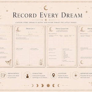 K&ouml;nnte beinhalten: Ein Set aus vier beigefarbenen Traumtagebuchseiten mit Illustrationen von Monden und Kristallen. Der Text umfasst Record Every Dream, Dream Log, Dream Characters und Dream Locations. Jede Seite enth&auml;lt linierte Abschnitte zum Notieren von Details.