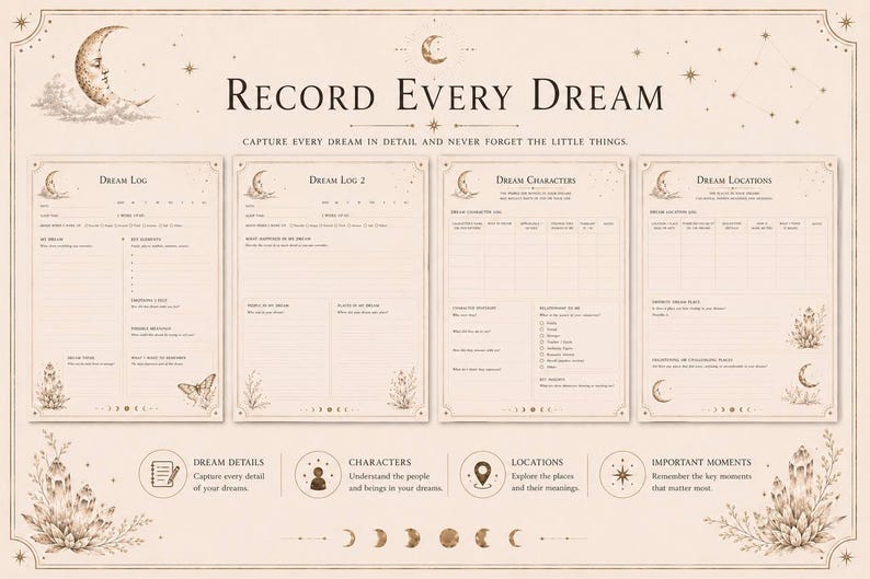 K&ouml;nnte beinhalten: Ein Set aus vier beigefarbenen Traumtagebuchseiten mit Illustrationen von Monden und Kristallen. Der Text umfasst Record Every Dream, Dream Log, Dream Characters und Dream Locations. Jede Seite enth&auml;lt linierte Abschnitte zum Notieren von Details.